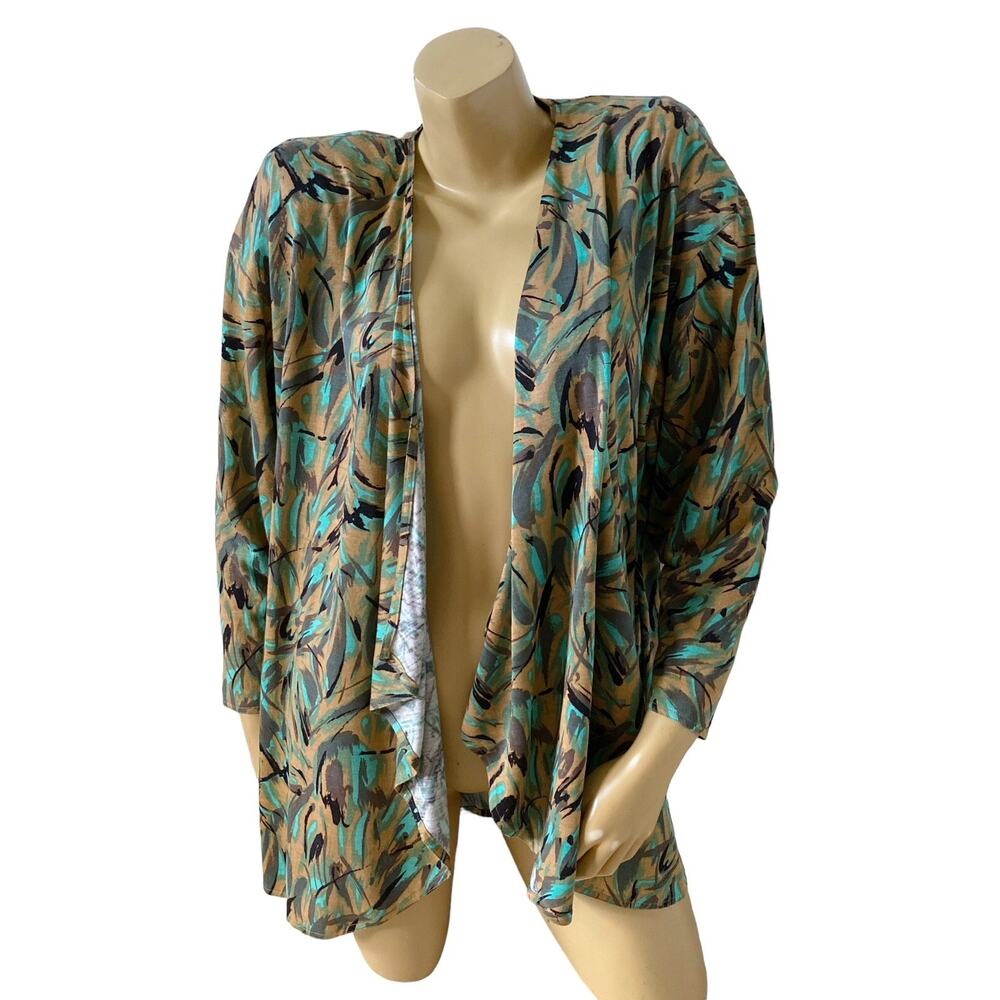 Iona Top Womens Petite Vintage Silk Blend Open Front Drape Tunic Teal Tan Black